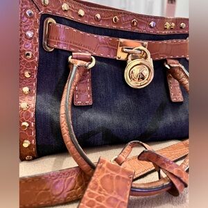 Michael Kors Brown Leather-Trim Black Denim Shoulder Bag with Gold Hardware